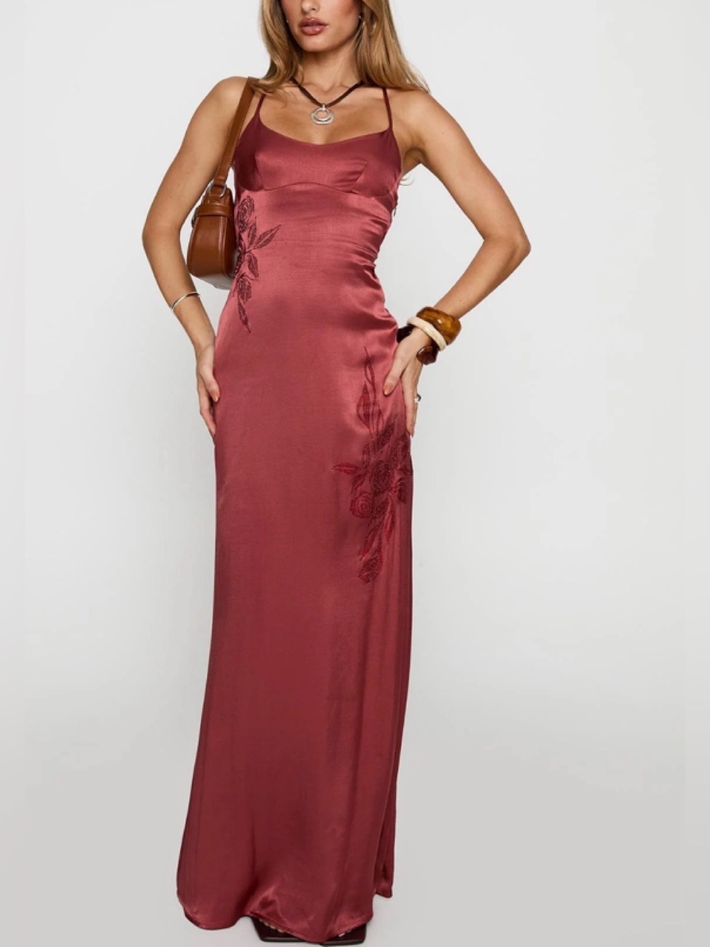 Satin Slip Maxi Dress in Rust Red